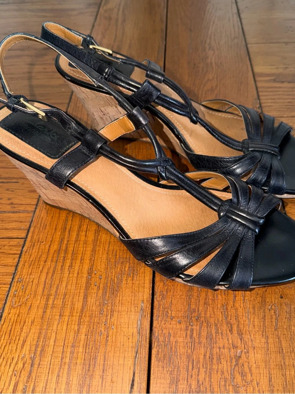 Clarks Bendables Fiddle Scroll Black Leather 3” Cork Wedges Women’s 10M